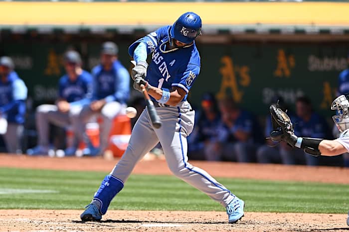 Jun 19, 2022; Oakland, California, USA; Kansas City Royals right fielder MJ Melendez (1) hits a double against the Oakland Athletics during the fifth inning at RingCentral Coliseum. Mandatory Credit: Robert Edwards-USA TODAY Sports